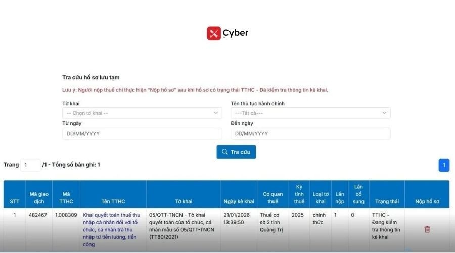 Cách nộp tờ khai 05/QTT-TNCN trên Dịch vụ công - Bước 9.2