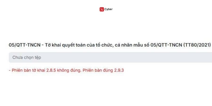 lỗi khi nộp tờ khai 05/qtt-tncn - phiên bản tờ khai không đúng