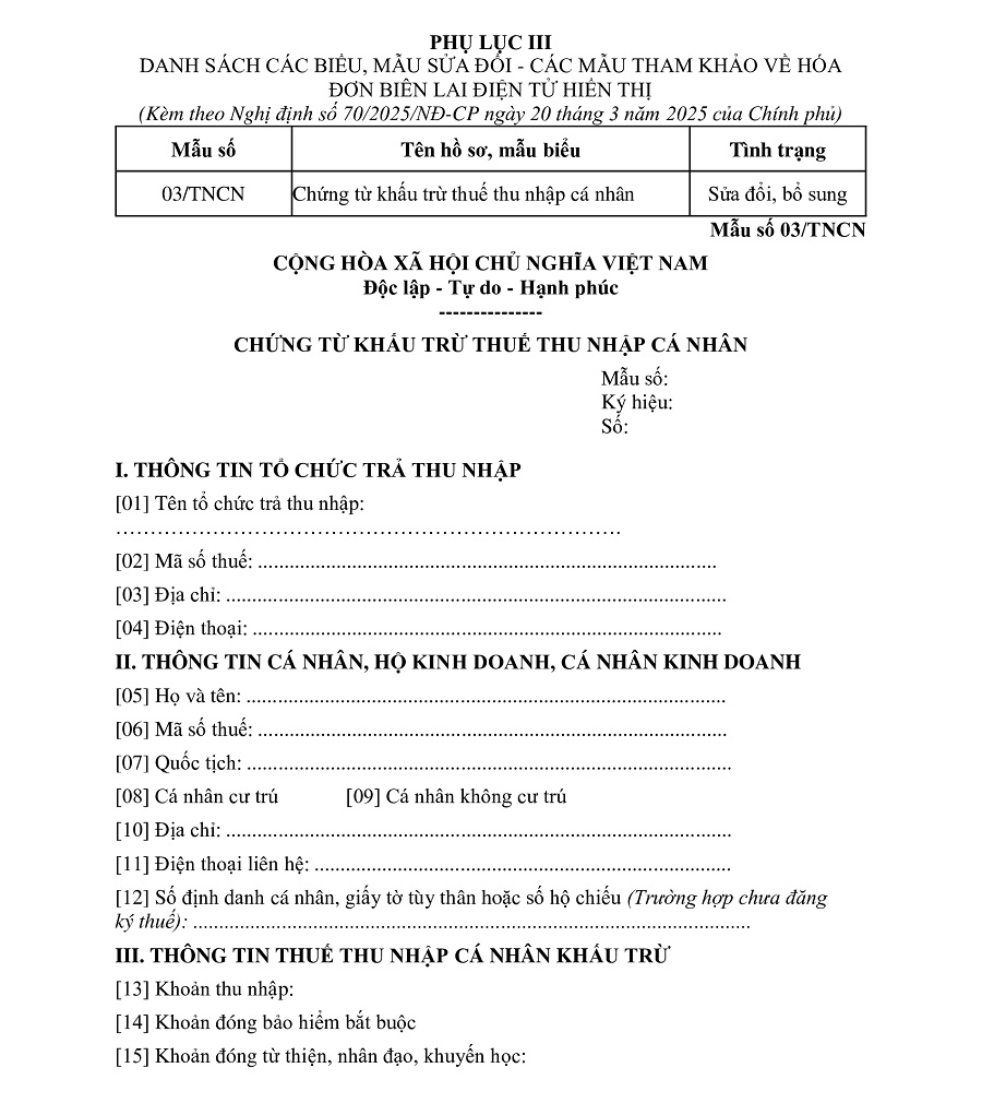 mẫu chứng từ khấu trừ thuế tncn điện tử