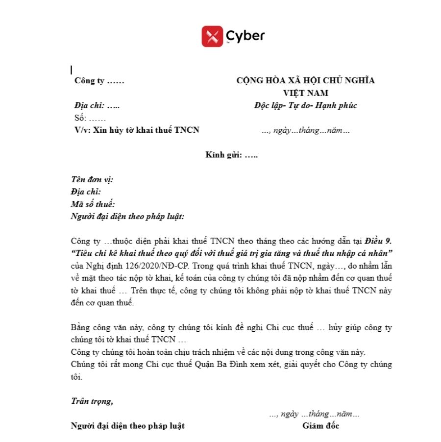 mẫu công văn xin hủy tờ khai thuế tncn đã nộp