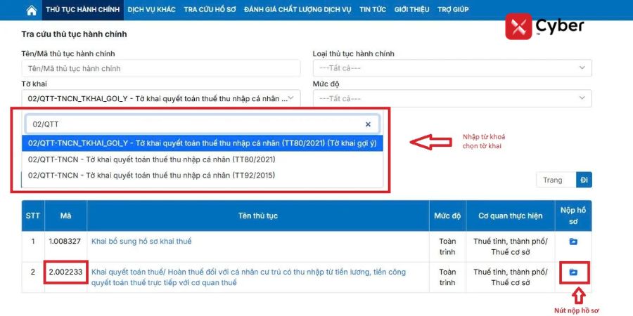 Nộp tờ khai quyết toán thuế TNCN qua Dịch vụ công - bước 2