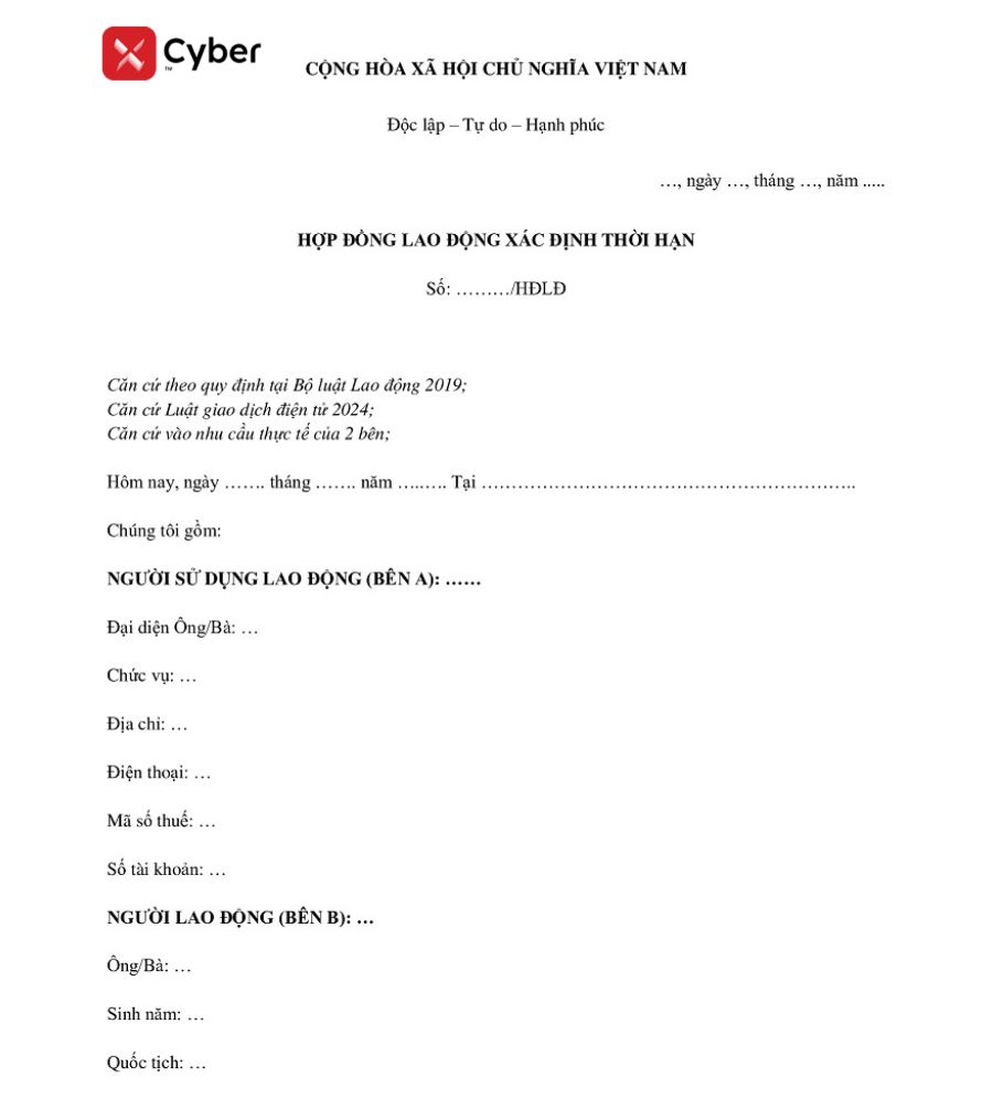 mẫu hợp đồng lao động điện tử có thời hạn