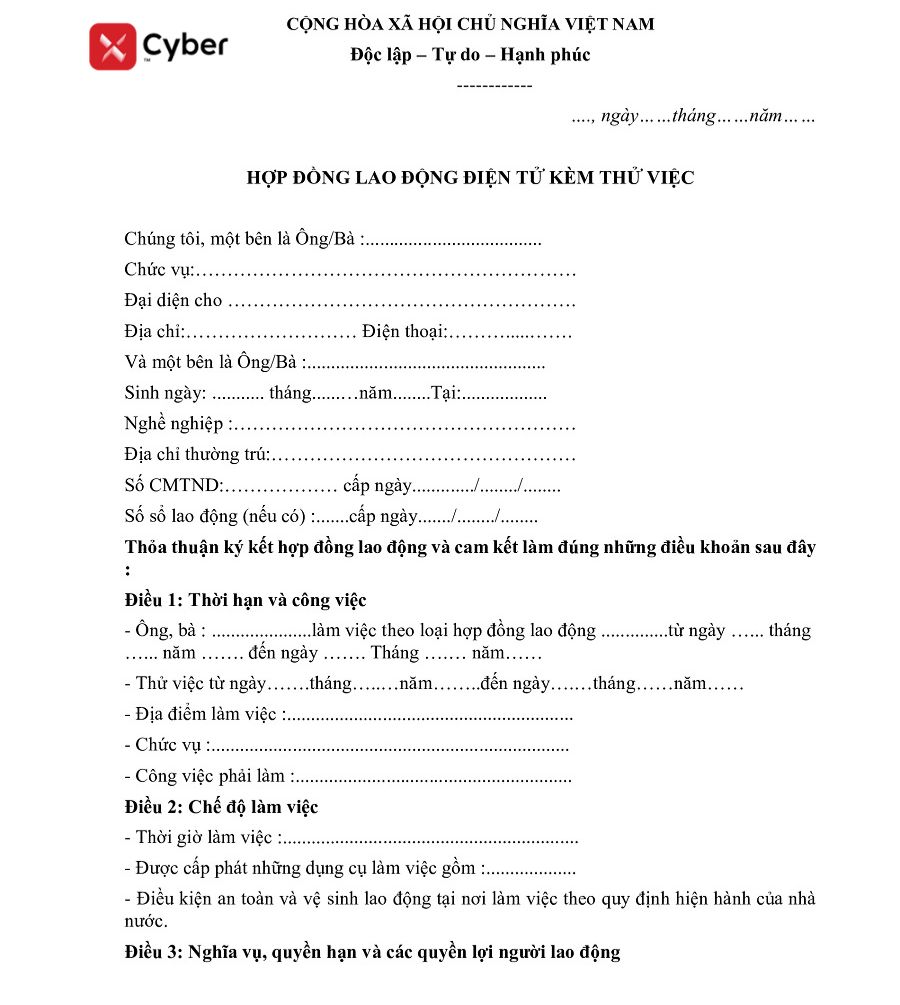 mẫu hợp đồng lao động điện tử kèm thử việc