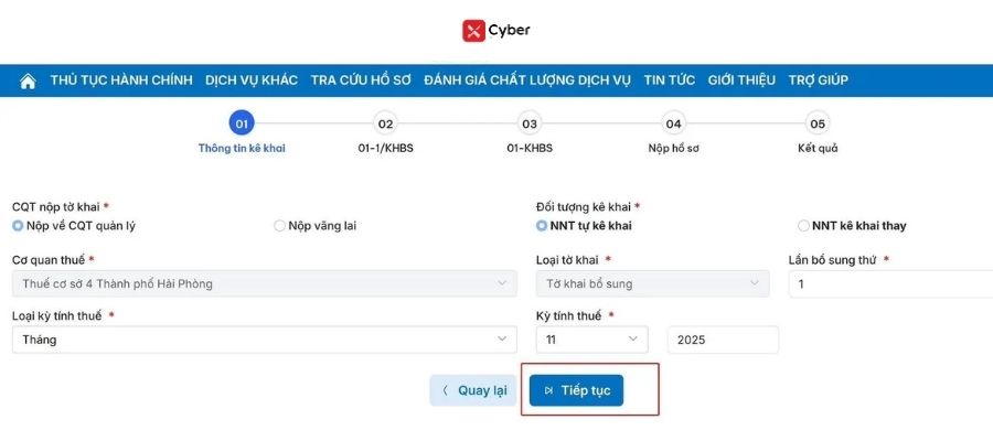 Nộp tờ khai bổ sung quyết toán TNCN trên Dịch vụ công - Bước 7
