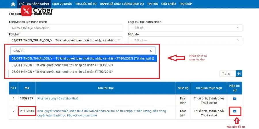 Cá nhân tự quyết toán thuế TNCN qua Dịch vụ công - Bước 3