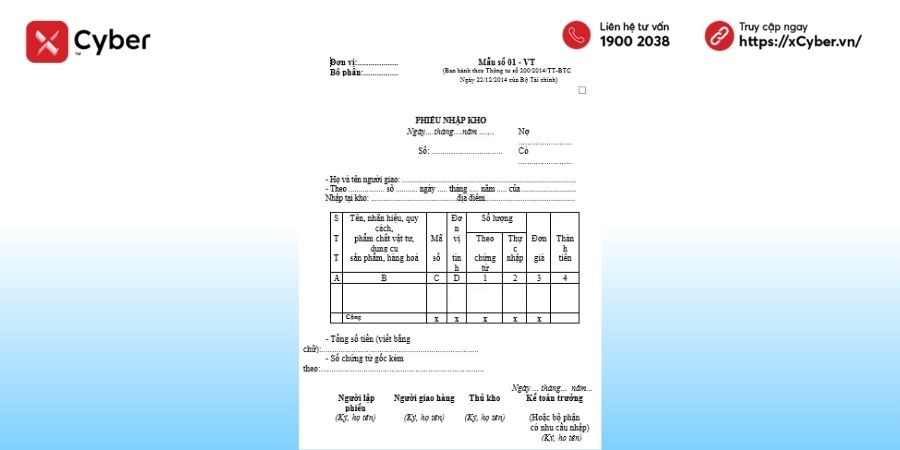 Mẫu phiếu nhập kho theo thông tư 200 - Mẫu số 01-VT