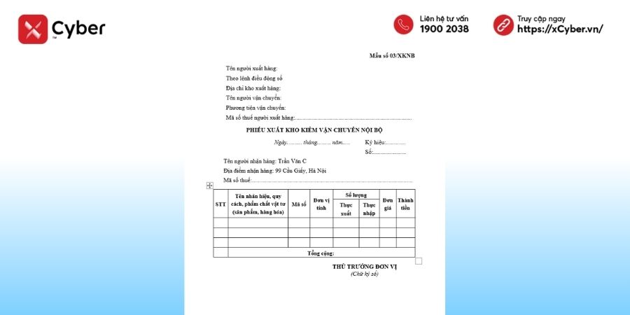 mẫu số 03/xknb - mẫu phiếu xuất kho kiêm vận chuyển nội bộ mới nhất