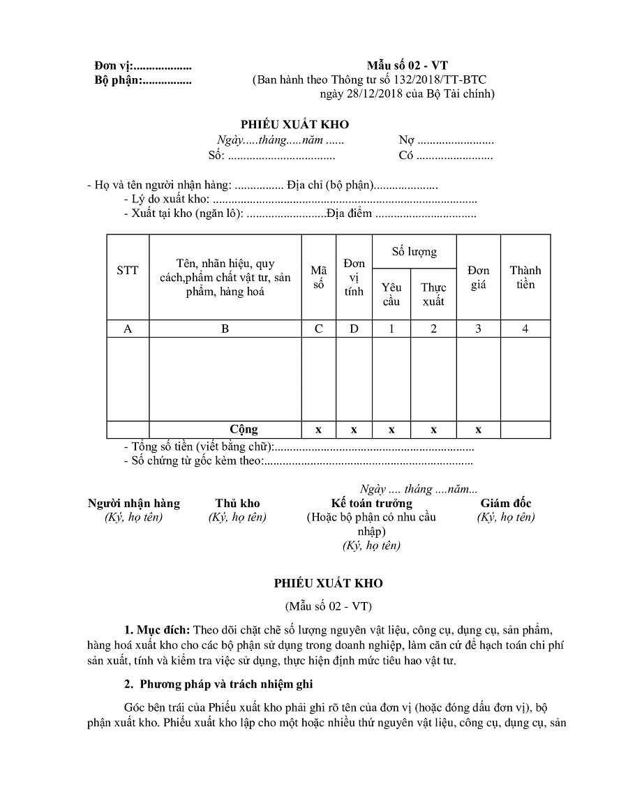 mẫu phiếu xuất kho theo thông tư 132
