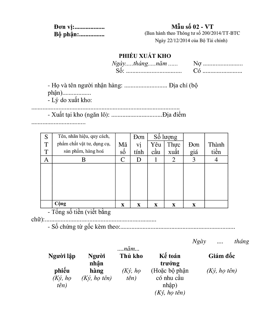 mẫu phiếu xuất kho theo thông tư 200