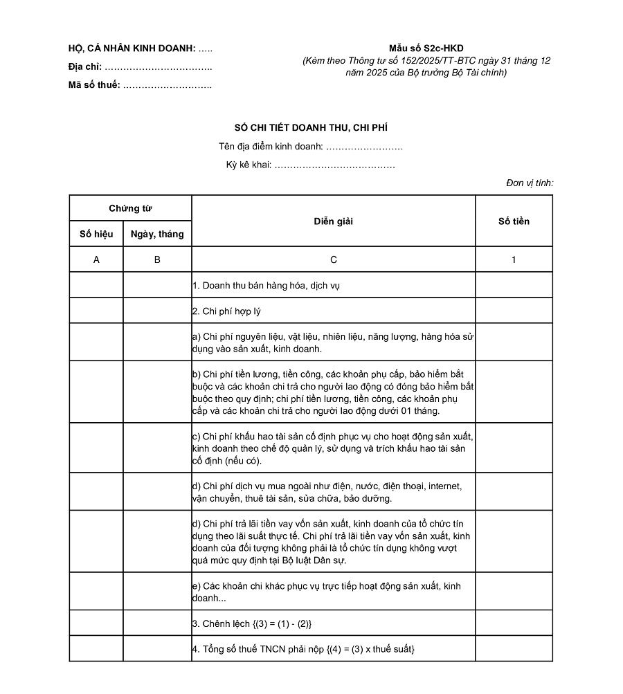 Trọn bộ mẫu sổ kế toán hộ kinh doanh chuẩn Thông tư 152/2025/TT-BTC 9 Sổ chi tiết doanh thu, chi phí – Mẫu số S2c-HKD