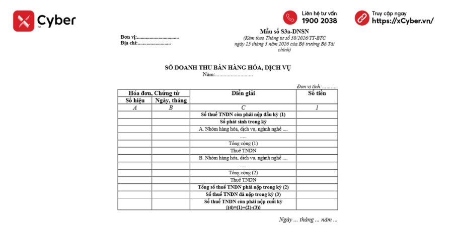 mẫu sổ s3a-dnsn theo Thông tư 58/2026/TT-BTC