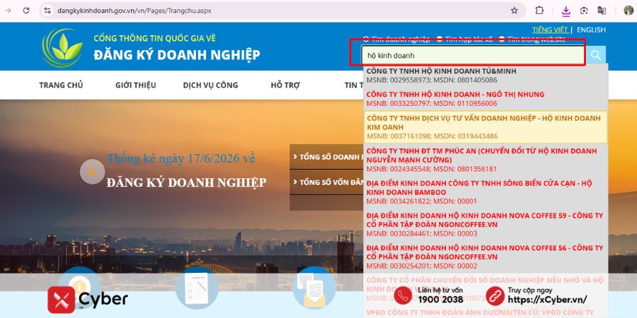 Hướng dẫn 5 cách tra cứu mã số thuế hộ kinh doanh nhanh và chính xác 9 Tra cứu MST hộ kinh doanh qua Cổng thông tin quốc gia về đăng ký doanh nghiệp - Bước 2