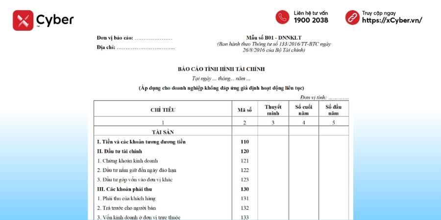 Mẫu báo cáo tài chính theo Thông tư 133 | Trọn bộ file để tải xuống và lưu ý khi nộp 3 Các mẫu báo cáo tài chính theo Thông tư 133 áp dụng cho doanh nghiệp vừa và nhỏ không hoạt động liên tục