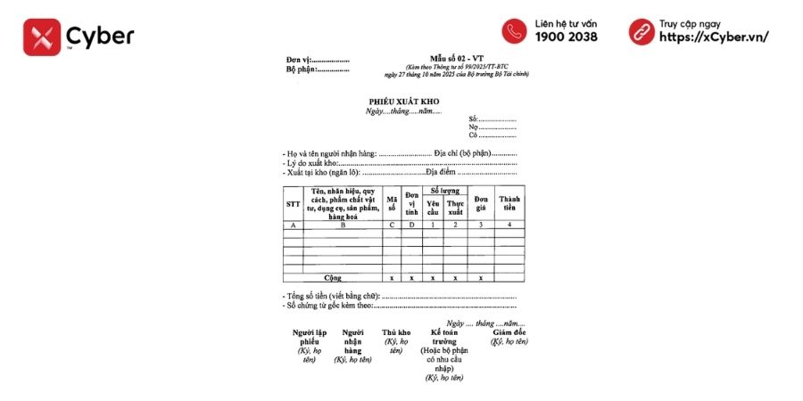 Mẫu phiếu xuất kho theo Thông tư 99/2025/TT-BTC: Cách lập, cách ghi và tải mẫu miễn phí 2 Mẫu phiếu xuất kho theo Thông tư 99/2025/TT-BTC