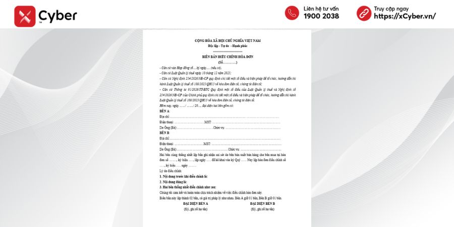 Biên bản điều chỉnh hóa đơn là gì? Cập nhật theo quy định mới và cách ký điện tử chính xác 2 Mẫu biên bản điều chỉnh hóa đơn theo Nghị định 254