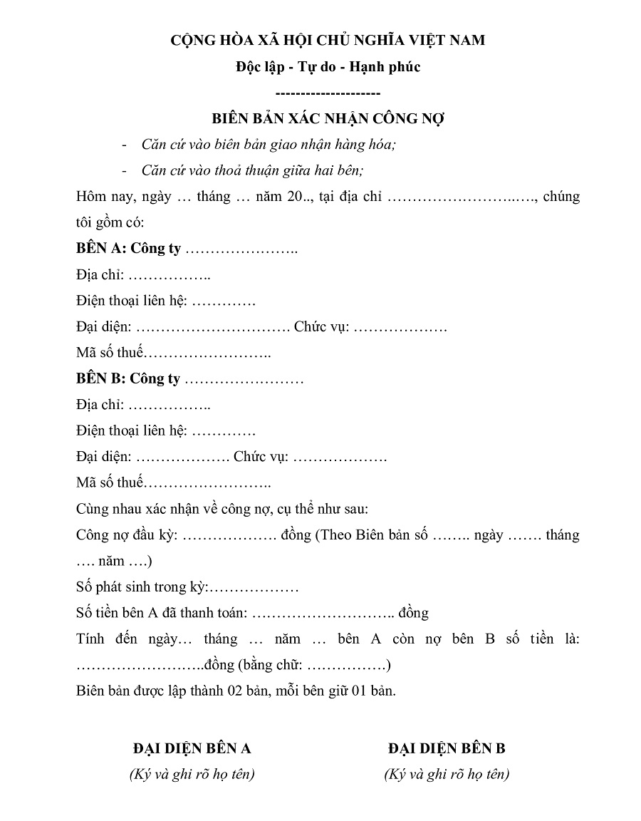 mẫu biên bản xác nhận công nợ công ty