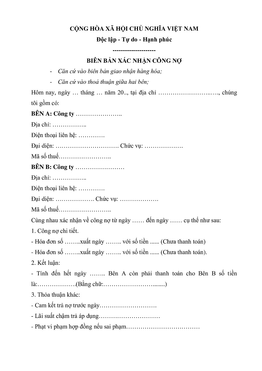 mẫu biên bản xác nhận công nợ công ty