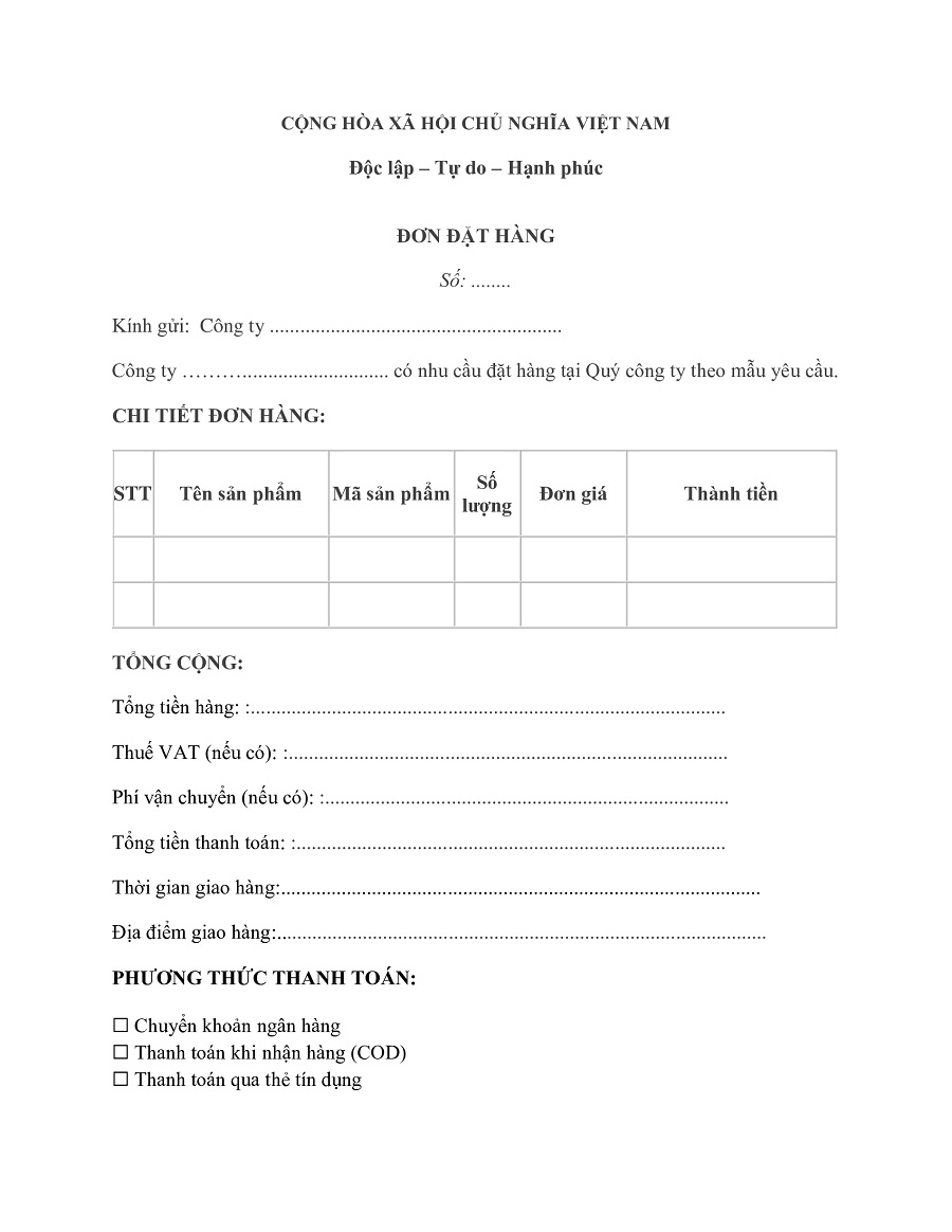 Tải ngay các mẫu đơn đặt hàng chuẩn, mới nhất hiện nay (File Word, Excel) 6 mẫu đơn đặt hàng nhà cung cấp