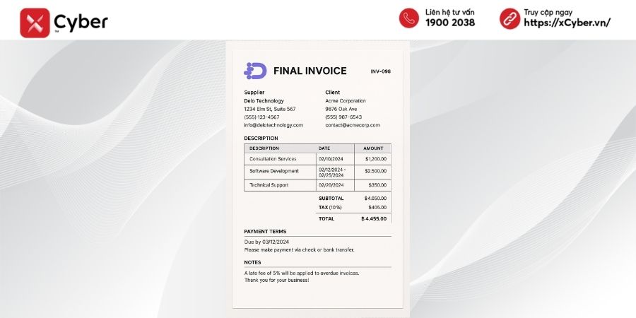 Hóa đơn thương mại/Commercial Invoice là gì? Quy định, vai trò, mẫu hóa đơn và cách phân biệt với hóa đơn GTGT 4 Mẫu hóa đơn thương mại chính thức (Final Invoice)
