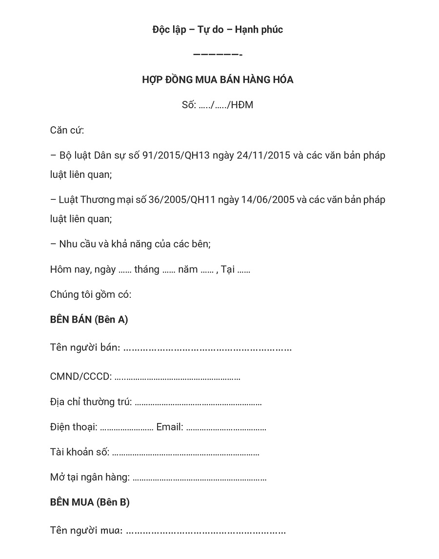 Tổng hợp các mẫu hợp đồng mua bán hàng hóa chuẩn pháp lý mới nhất 7 Mẫu hợp đồng mua bán hàng hóa giữa công ty và cá nhân