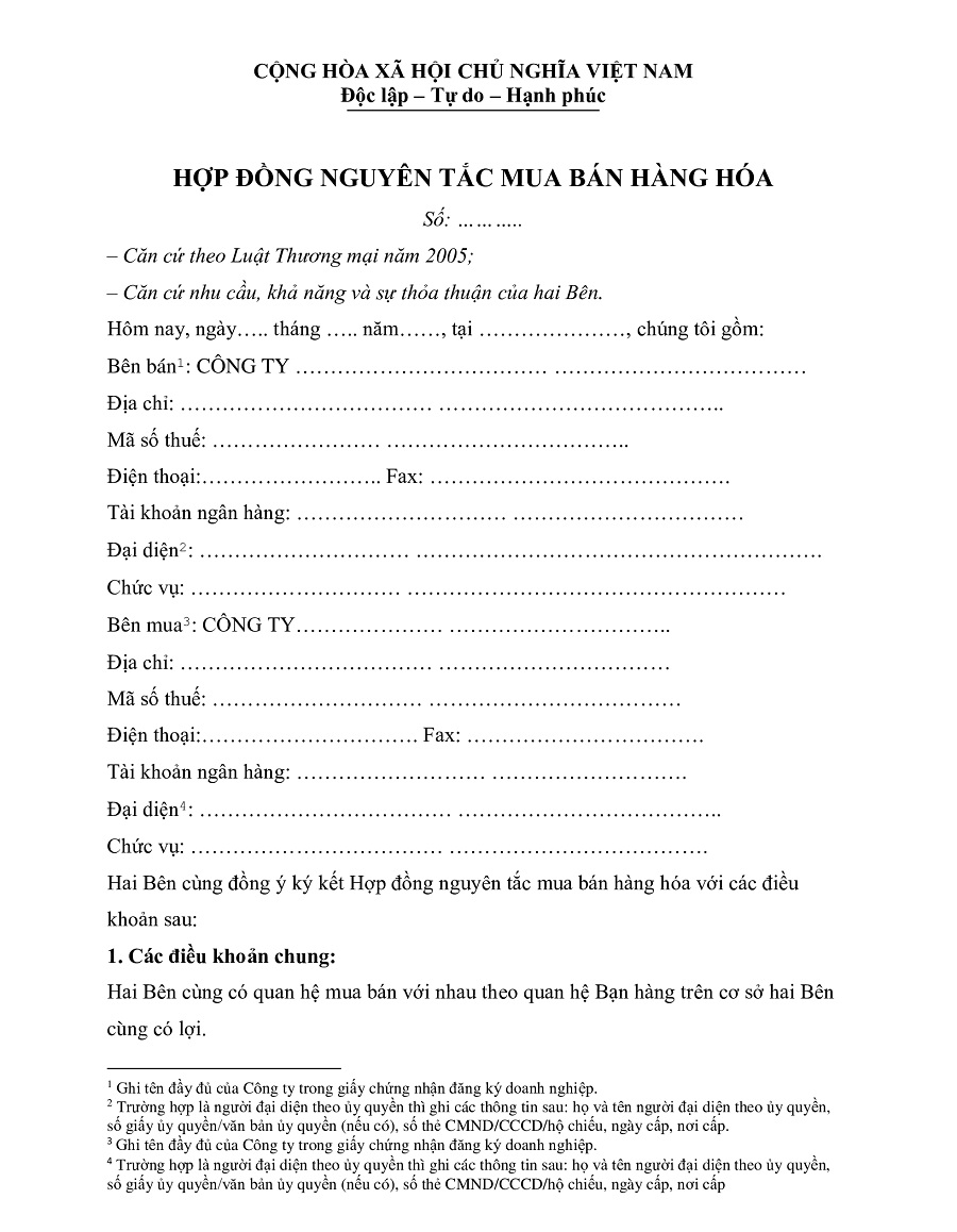 Mẫu hợp đồng nguyên tắc mua bán hàng hóa chuẩn mới nhất 4 Mẫu hợp đồng nguyên tắc mua bán hàng hóa đơn giản