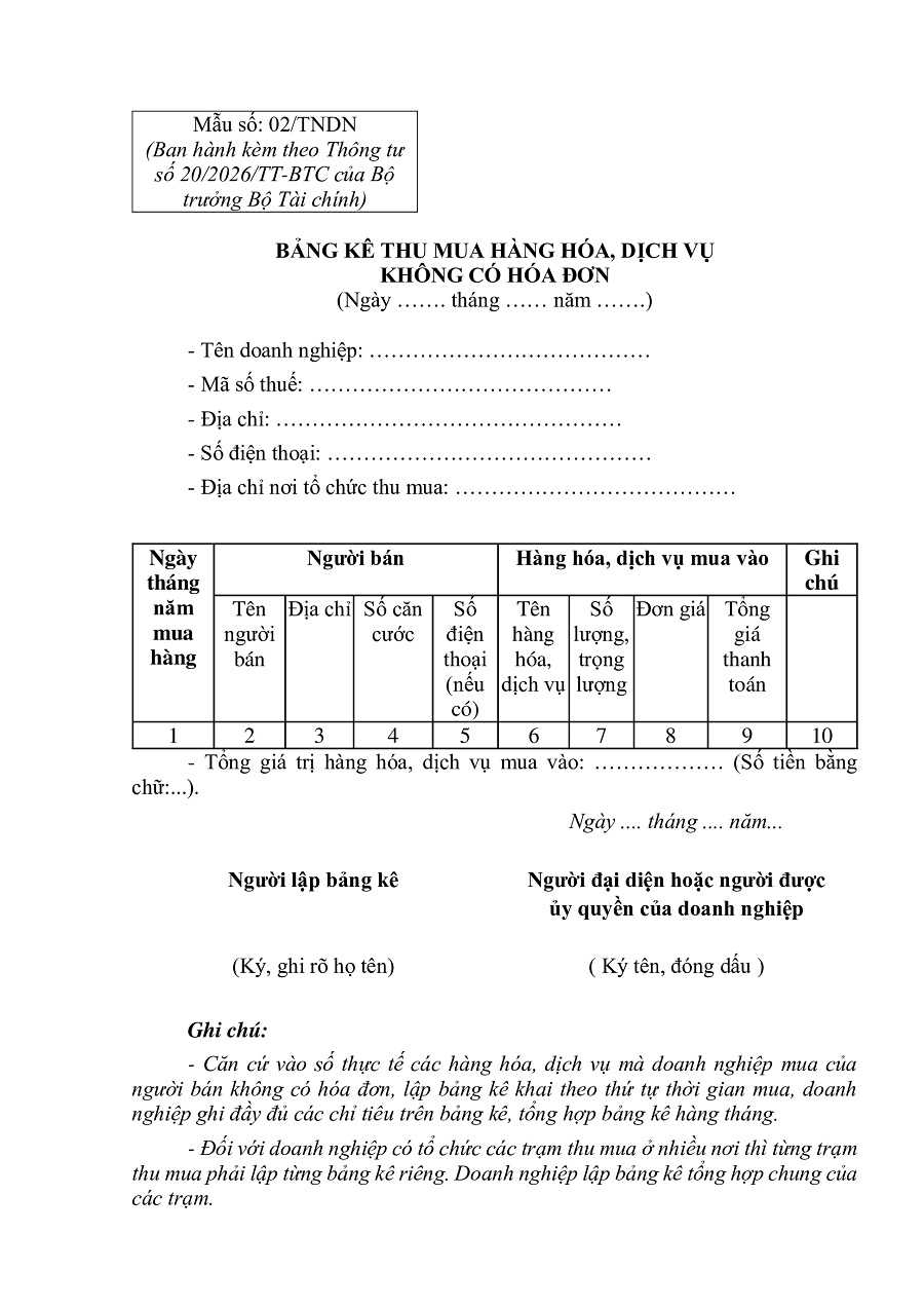 Bảng kê mua hàng không có hóa đơn: Khái niệm, quy định và cách lập chuẩn 4 Chi tiết Mẫu 02/TNDN áp dụng từ ngày 12/3/2026