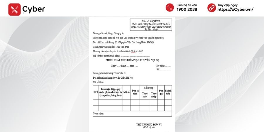 Hóa đơn xuất khẩu là gì? Quy định, mẫu hóa đơn và cách xuất từ 01/7/2026 7 Phiếu xuất kho kiêm vận chuyển nội bộ