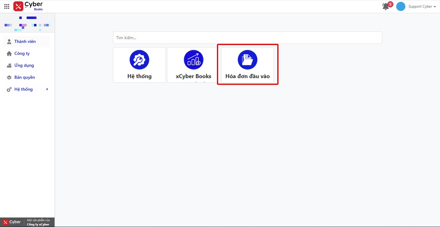 Giao diện xCyber Books với ứng dụng Hóa đơn đầu vào
